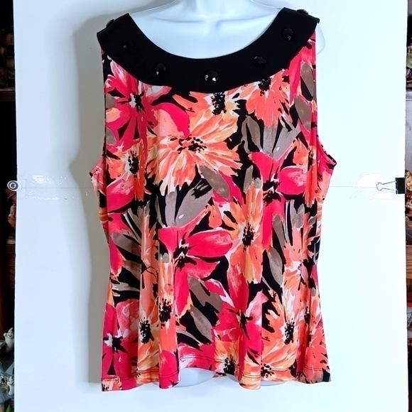 Laura Ashley Tank Top Shirt Sleeveless 2X Pink Orange Black Floral SLINKY Beaded - Picture 2 of 7
